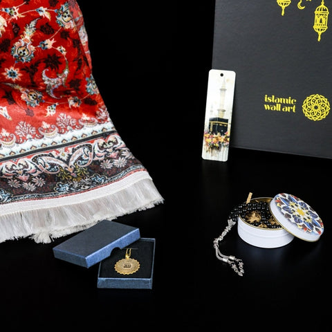 Ramadan Gift Box, Islamic Prayer Rug, Muslim Prayer Beads and Islamic Jewelry with Asma Ul Husna - Islamic Wall Art Store