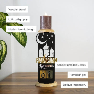 Ramadan Kareem calendar candleholder with callouts for wooden stand, Latin calligraphy and modern Islamic design