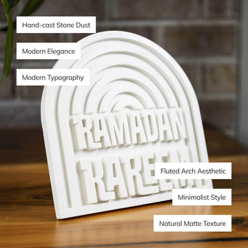 Ramadan Kareem stone arch decor with callouts for cast stone dust, fluted arch and natural matte texture