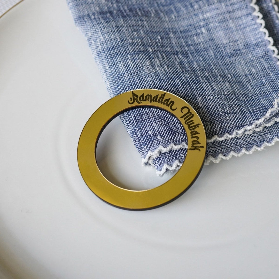 Ramadan Mubarak circular napkin holder on a set table
