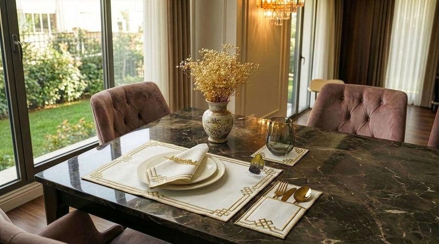 White and gold Ramadan placemat set laid on a marble dining table