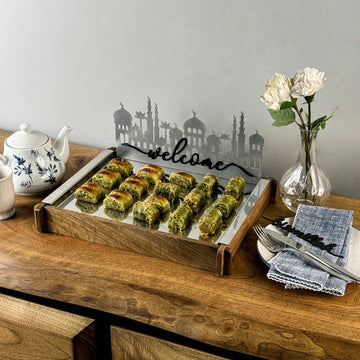 Ramadan Serving Tray - Solid Walnut Wood & Metal Islamic Tray - Islamic Wall Art Store