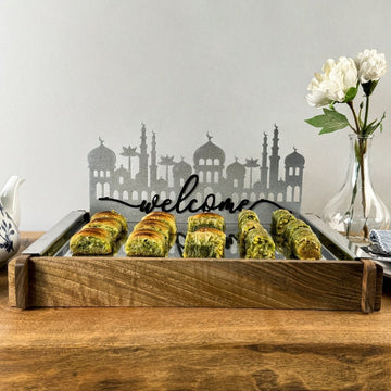 Ramadan Serving Tray - Solid Walnut Wood & Metal Islamic Tray - Islamic Wall Art Store