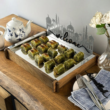 Ramadan Serving Tray - Solid Walnut Wood & Metal Islamic Tray - Islamic Wall Art Store