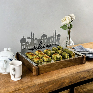 Ramadan Serving Tray - Solid Walnut Wood & Metal Islamic Tray - Islamic Wall Art Store