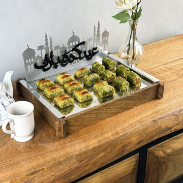 Ramadan Serving Tray - Solid Walnut Wood & Metal Islamic Tray - Islamic Wall Art Store