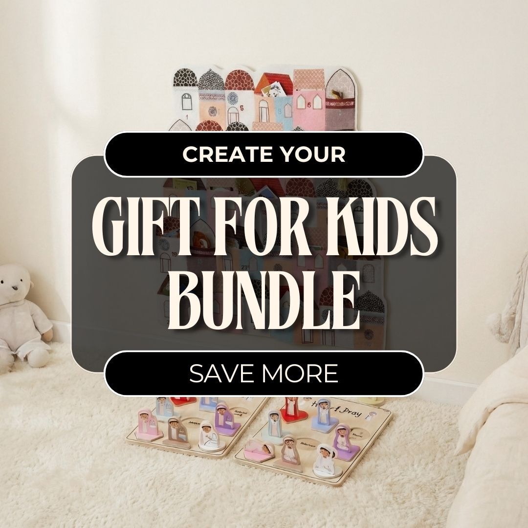 Create your gift for kids bundle banner over wooden mosque houses board and puzzle boards in a play room