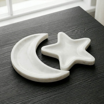 Handcrafted Real Marble Crescent Moon Star Tray Set – Natural Stone Serving Platter for elegant table arrangements.