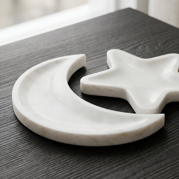 Minimalist design Real Marble Crescent Moon Star Tray Set – Natural Stone Serving Platter made from authentic stone.