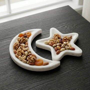 Real Marble Crescent Moon Star Tray Set – Natural Stone Serving Platter featuring a variety of nuts and dried fruits.
