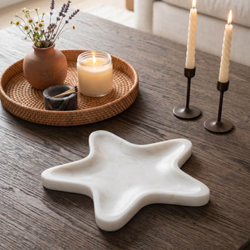 Elegant home decor styling with the Real Marble Crescent Star Tray – Natural Stone Serving Platter.