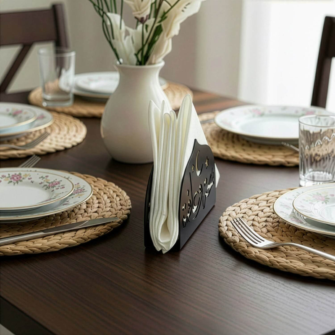 Saha w Afia Metal Napkin Holder – Arabic Calligraphy Table Decor