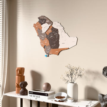 Soil Saudi Arabia wooden wall map beside a sheer curtain, angled view