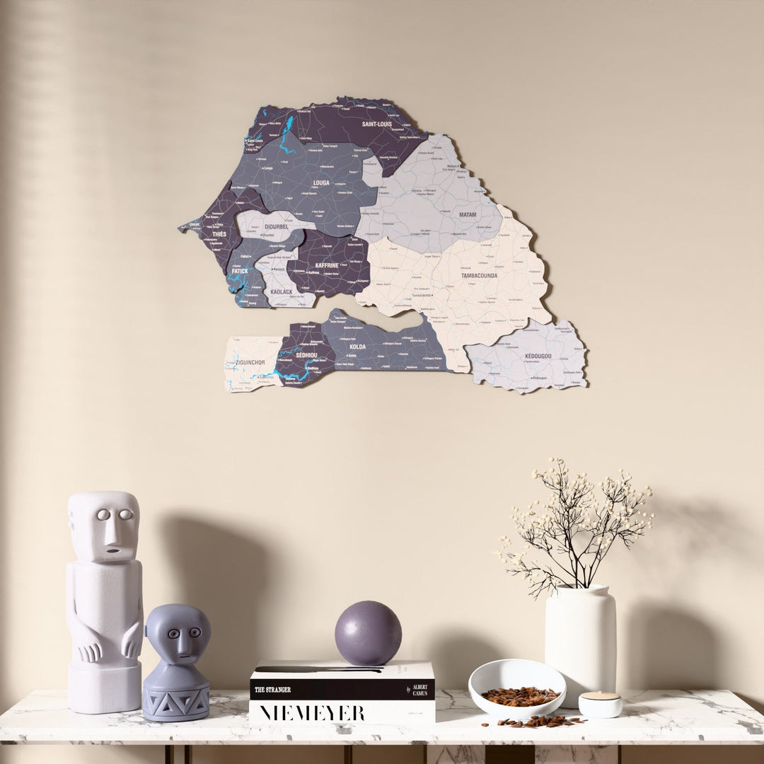 Nimbus Senegal wooden wall map above a marble console, front view