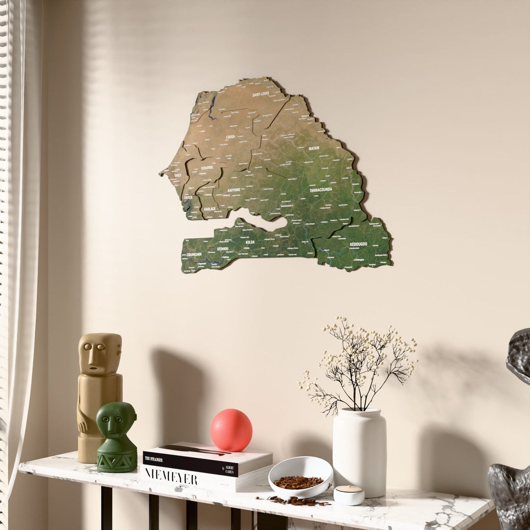 Satellite Senegal wooden wall map beside a sheer curtain, angled view