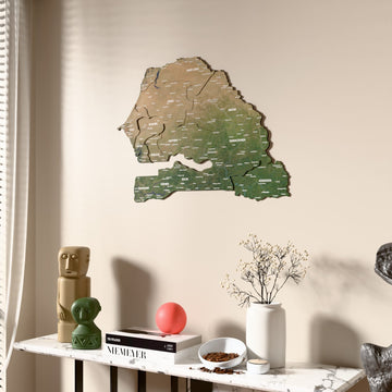 Satellite Senegal wooden wall map beside a sheer curtain, angled view