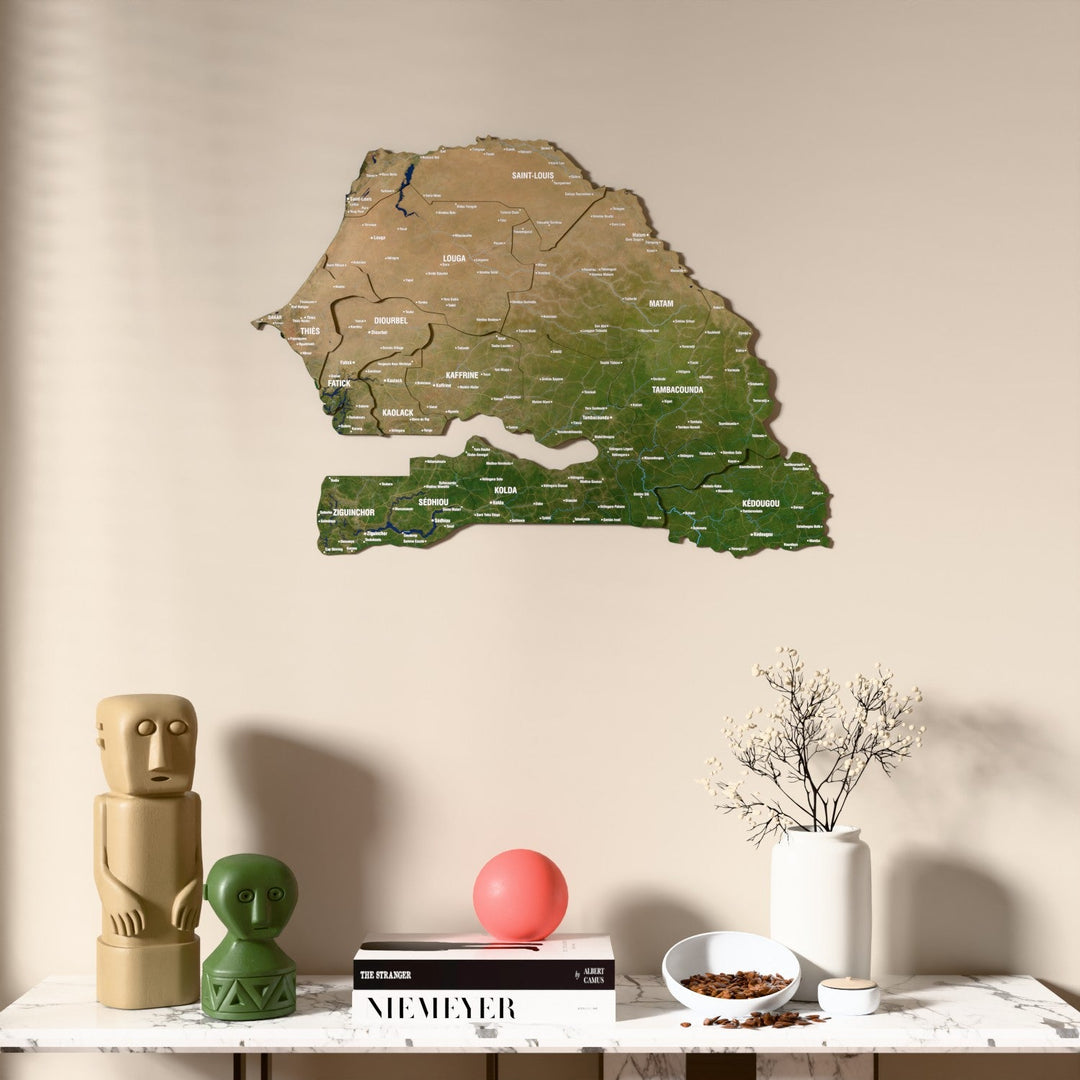 Satellite Senegal wooden wall map above a marble console, front view