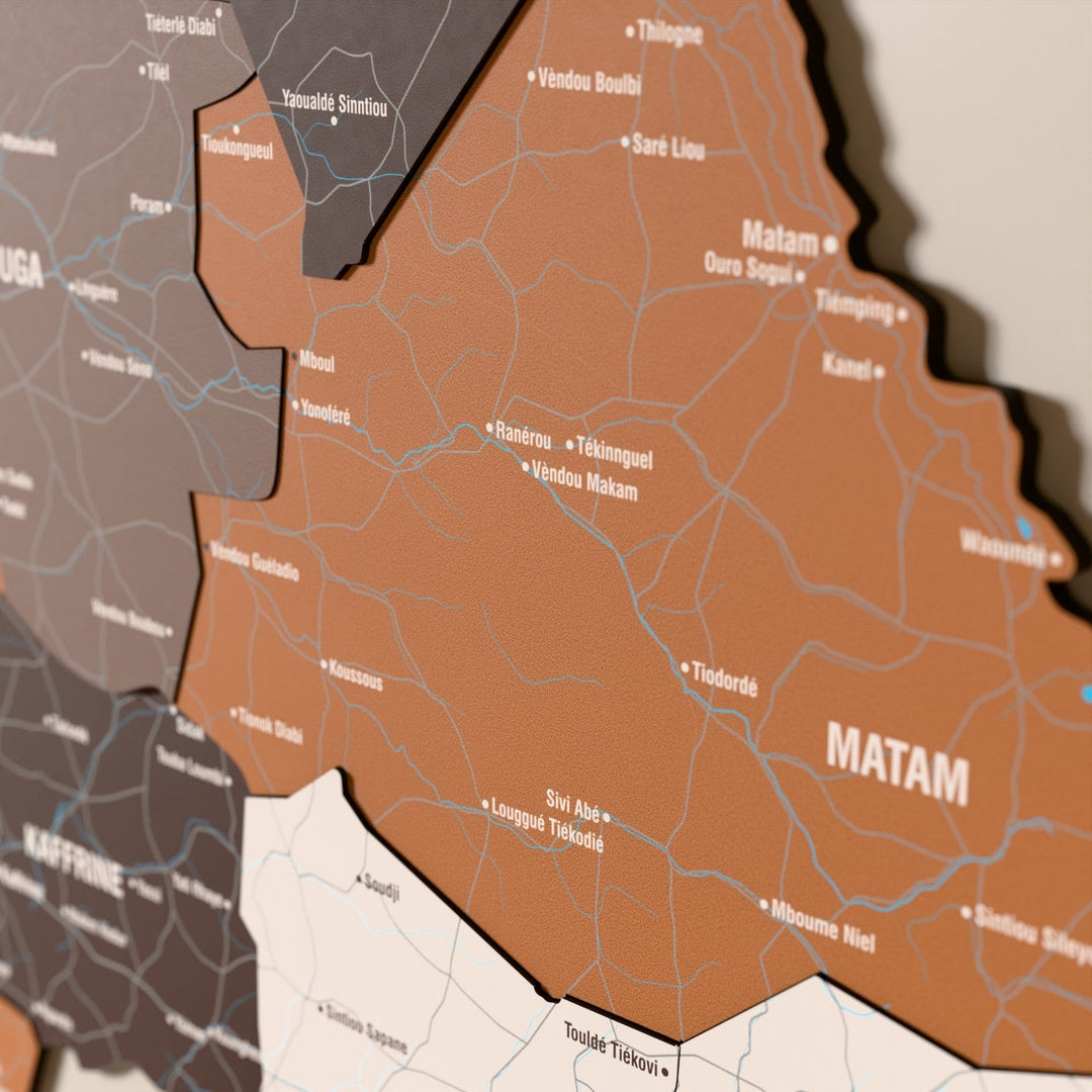 Close-up of the Soil Senegal wooden wall map with layered regions and printed names