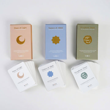 Islamic Dua Asmaul Husna and Prophetic card decks with their packaging on a white background