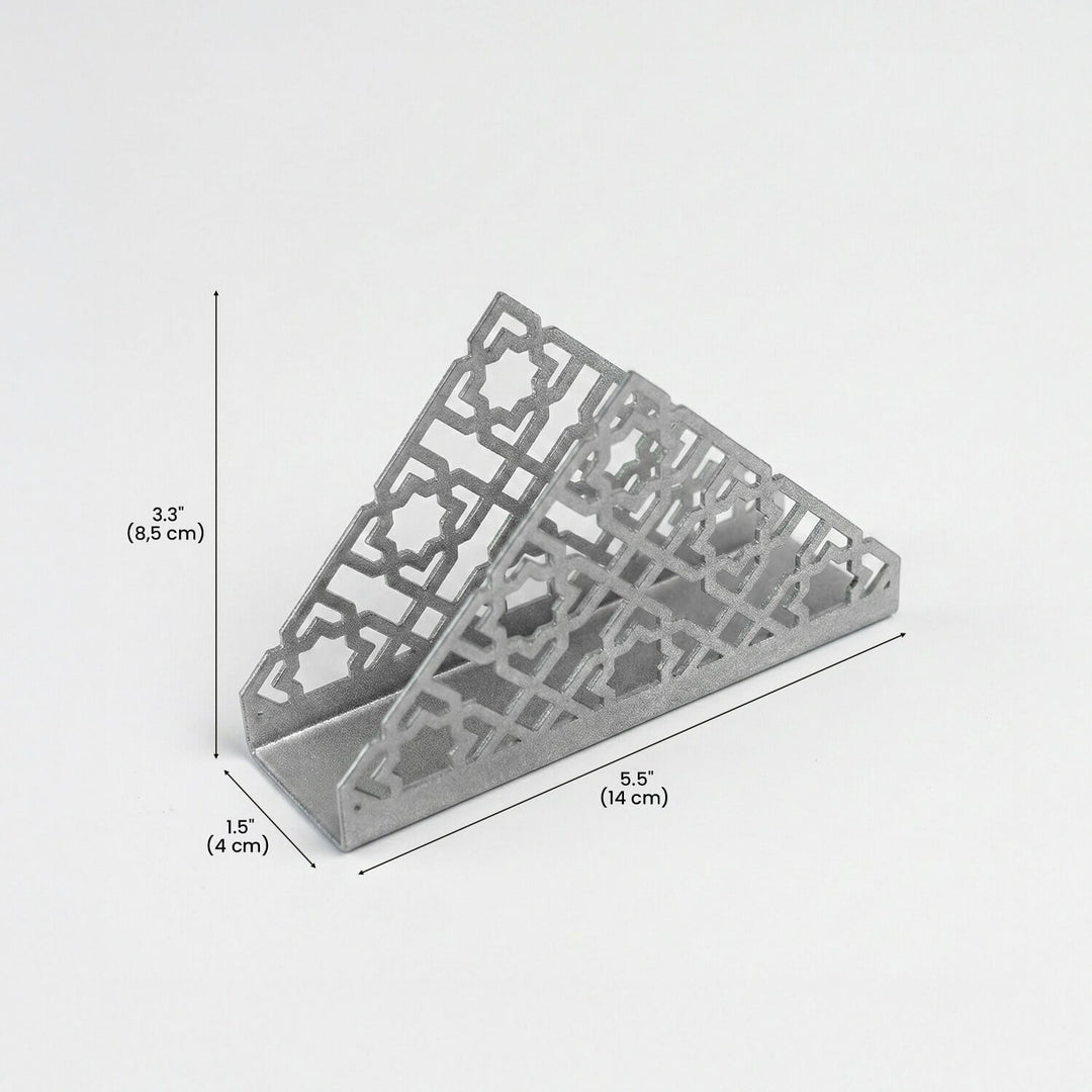 Geometric metal napkin holder, close-up and size view