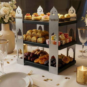 3-stöckige Moschee-Etagere – Ramadan-Dessertturm aus Metall & Holz