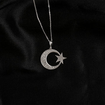 Silver Kalima Tawhid crescent and star pendant with chain
