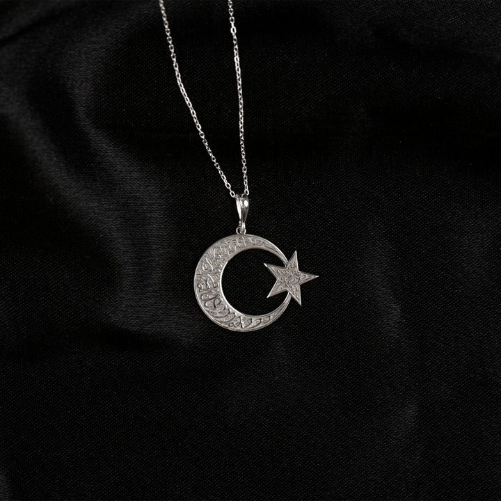 Silver Kalima Tawhid crescent and star pendant with chain