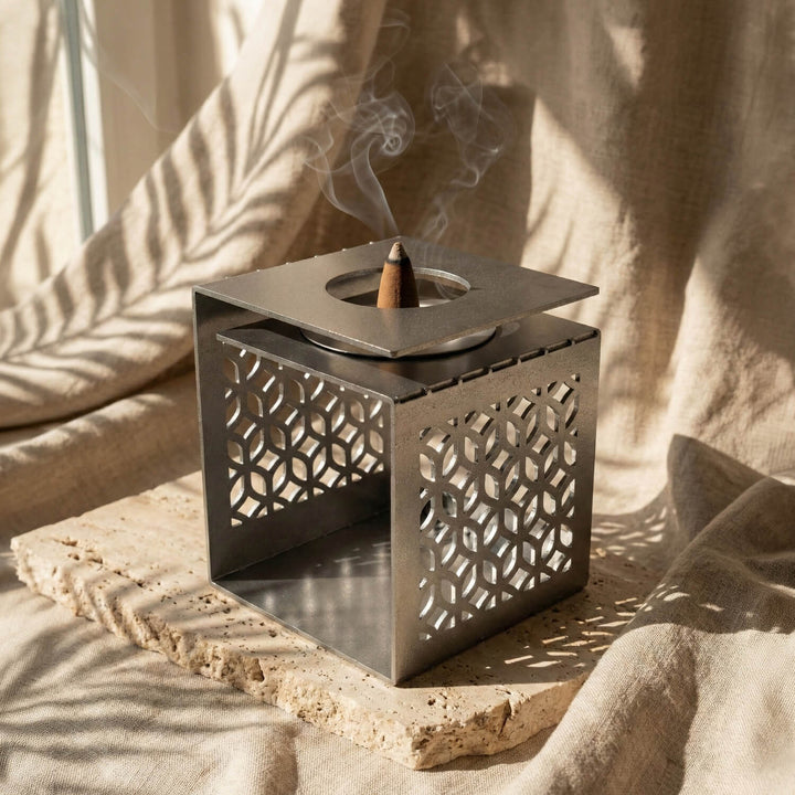 Geometric Fretwork Metal Mabkhara – Modern Islamic Incense Burner