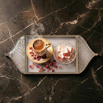 Serviertablett für Ramadan mit Griffen in Form einer Moscheekuppel – Dattel- und Kaffeeplatte