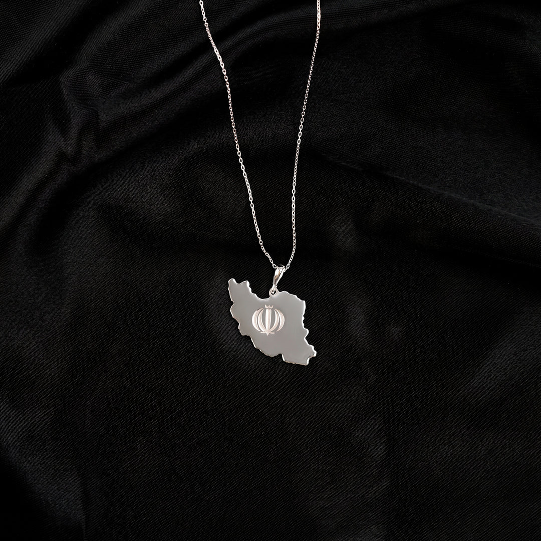 Silver Iran map pendant with chain