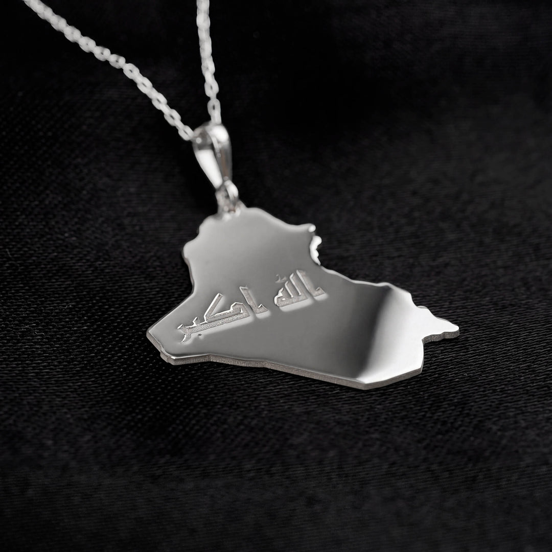 Silver Iraq map pendant with chain