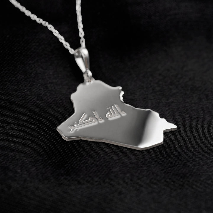 Silver Iraq map pendant with chain