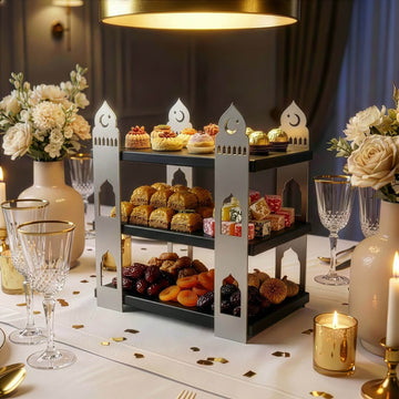 3-stöckige Moschee-Etagere – Ramadan-Dessertturm aus Metall & Holz