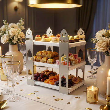 3-stöckige Moschee-Etagere – Ramadan-Dessertturm aus Metall & Holz