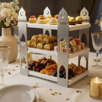 3-stöckige Moschee-Etagere – Ramadan-Dessertturm aus Metall & Holz