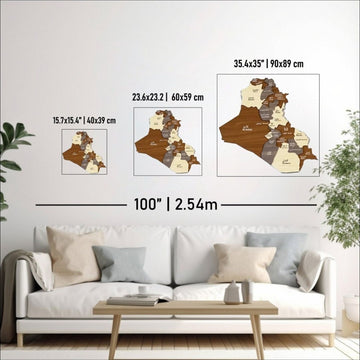 Guide des tailles de la carte murale de l'Irak en bois : 15.7 x 15.4 in, 23.6 x 23.2 in et 35.4 x 35 in au-dessus d'un canapé de 100 in