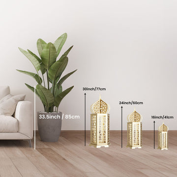 Size chart for Ramadan lantern: 30 in (77 cm), 24 in (60 cm) and 16 in (41 cm) tall beside a 33.5 in (85 cm) plant