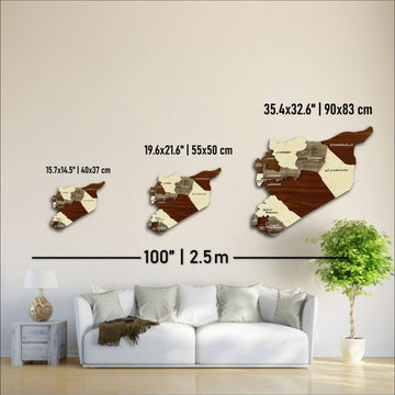 Size comparison of the Syria wooden wall map: 40x37 cm, 55x50 cm and 90x83 cm above a sofa