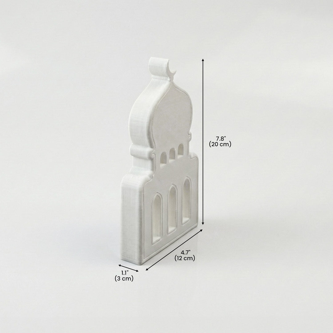 Dimension drawing of the stone mosque silhouette decor: 7.8 in (20 cm) high, 4.7 in (12 cm) wide, 1.1 in (3 cm) deep
