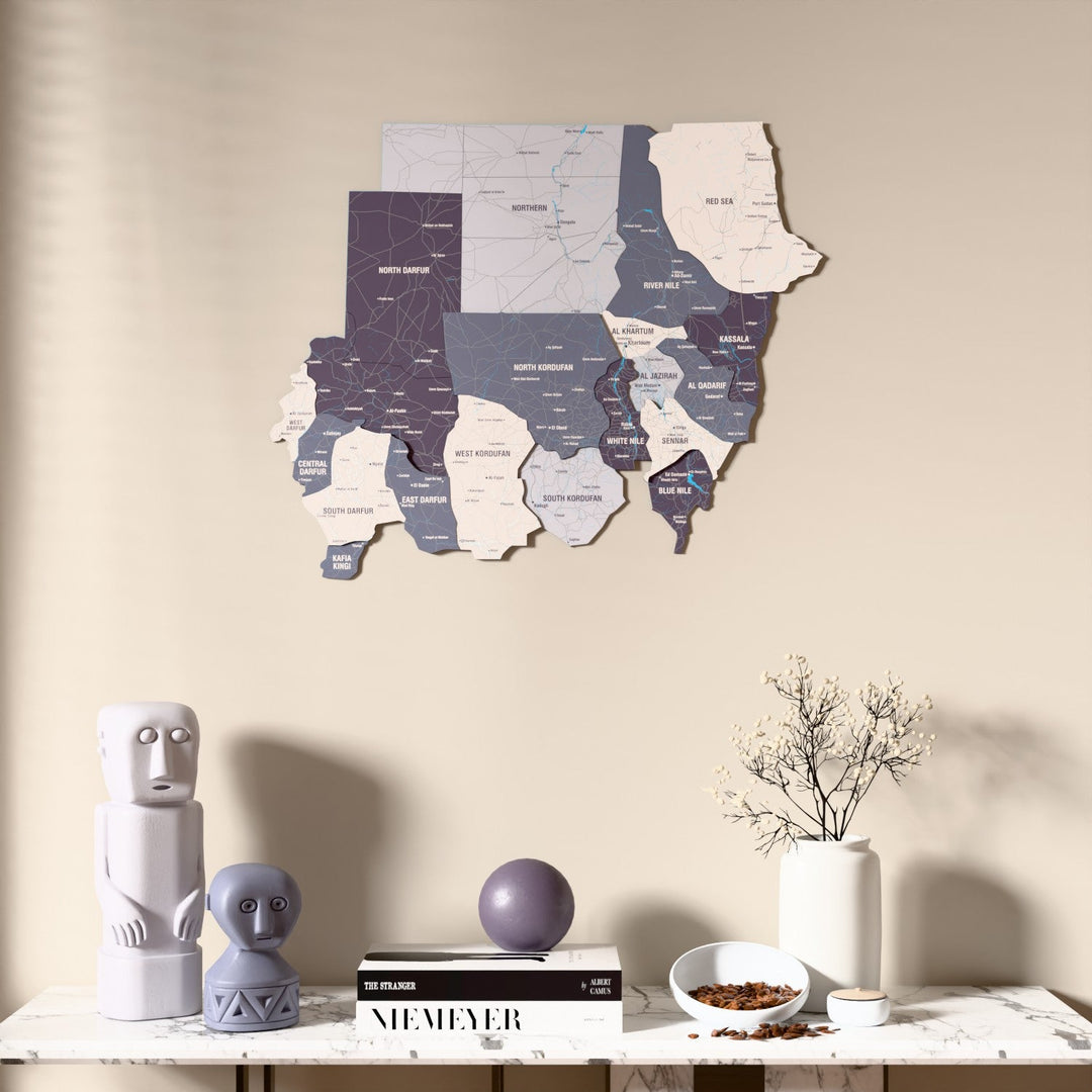 Nimbus Sudan wooden wall map above a marble console, front view
