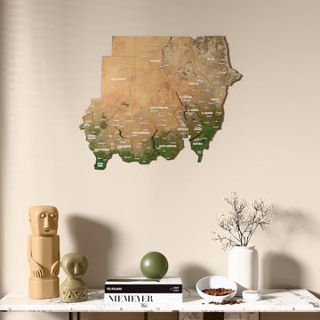 Satellite Sudan wooden wall map above a marble console, front view