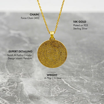Surah Fatiha Round Muslim Jewelry - 18K Gold Plated Silver Pendant - Islamic Wall Art Store
