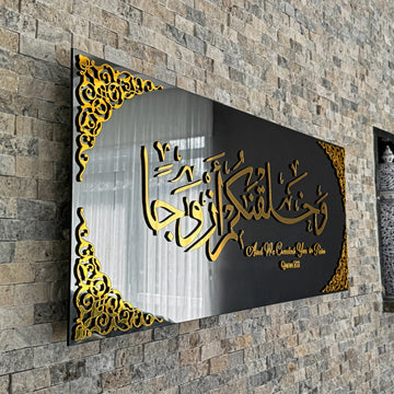 Close side angle of the Gold Acrylic calligraphy and corner ornaments on Black Mirror glass