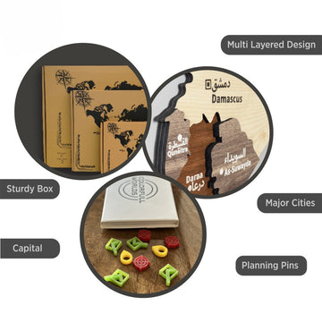 Syria wooden wall map features: multi-layered design, sturdy box, capital, major cities and planning pins