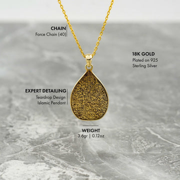 Teardrop Ayatul Kursi Muslim Jewelry - 18K Gold Plated Silver Pendant - Islamic Wall Art Store