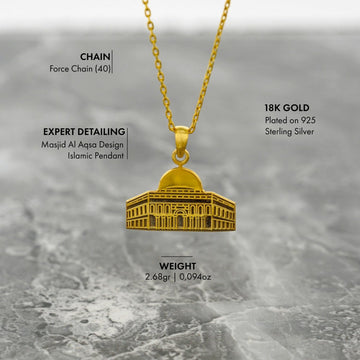 Details des Masjid-Al-Aqsa-Anhängers: 925er Sterlingsilber mit 18-Karat-Vergoldung, Force-Kette, Gewicht 2.68 gr (0.094 oz)