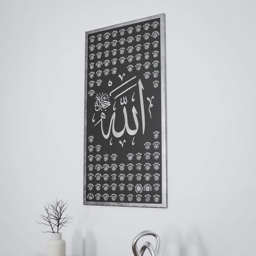 Silver Asma ul Husna Thuluth panel above a console