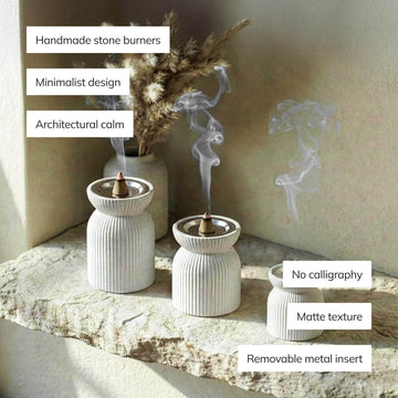 Ensemble de mabkharas en pierre à étages avec légendes : brûle-encens en pierre faits main, design minimaliste, texture mate