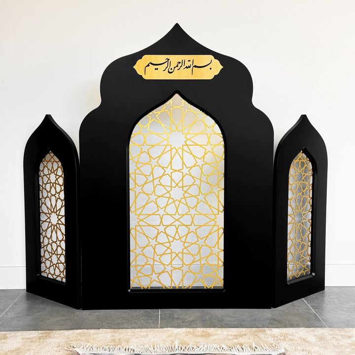 triple-foldable-wooden-mihrab-black-islamic-wall-art-bismillah-islamicwallartstore