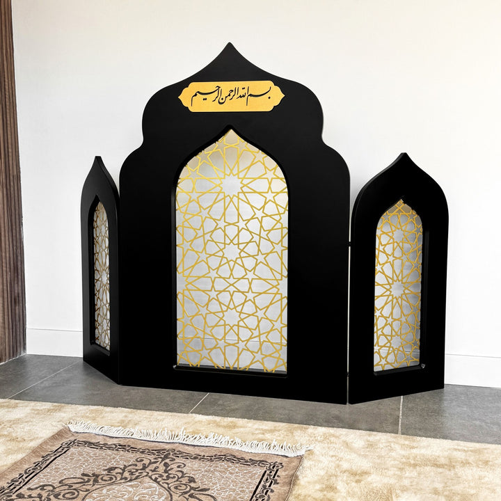 triple-foldable-wooden-mihrab-black-prayer-room-decor-islamicwallartstore